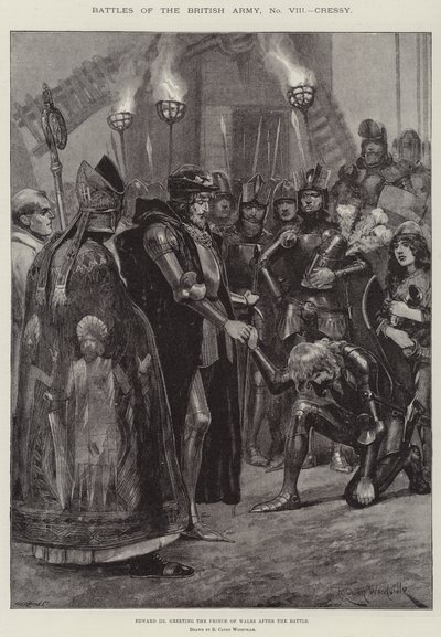 Batallas del ejército británico, Cressy, Eduardo III saludando al Príncipe de Gales después de la batalla de Richard Caton Woodville junior